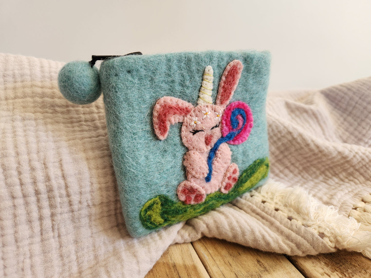 FELT BUNNY-UNICORN COIN PURSE BLUE WITH PINK BUNNY