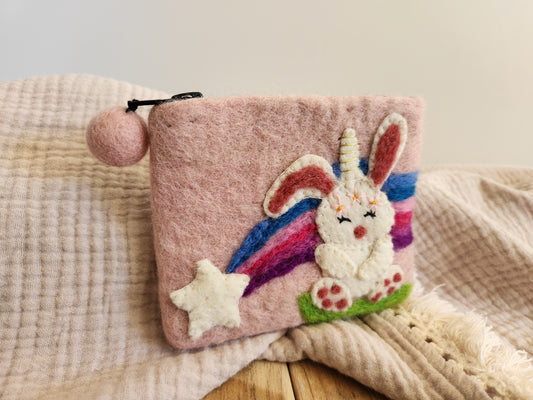 FELT BUNNY-UNICORN COIN PURSE PINK PURSE WHITE BUNNY RABBIT