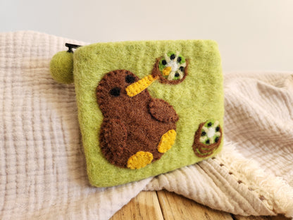 FELT KIWI COIN PURSE GREEN PURSE WITH KIWI BIRD KIWI FRUIT SLICES ON BEAK