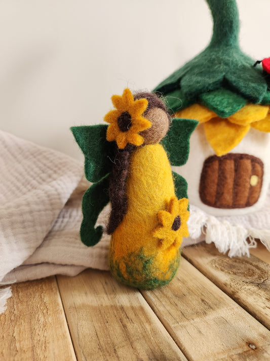 FELT SUNFLOWER FAIRY DOLL WITH FELT FAIRY HOUSE SUNFLOWER COTTAGE