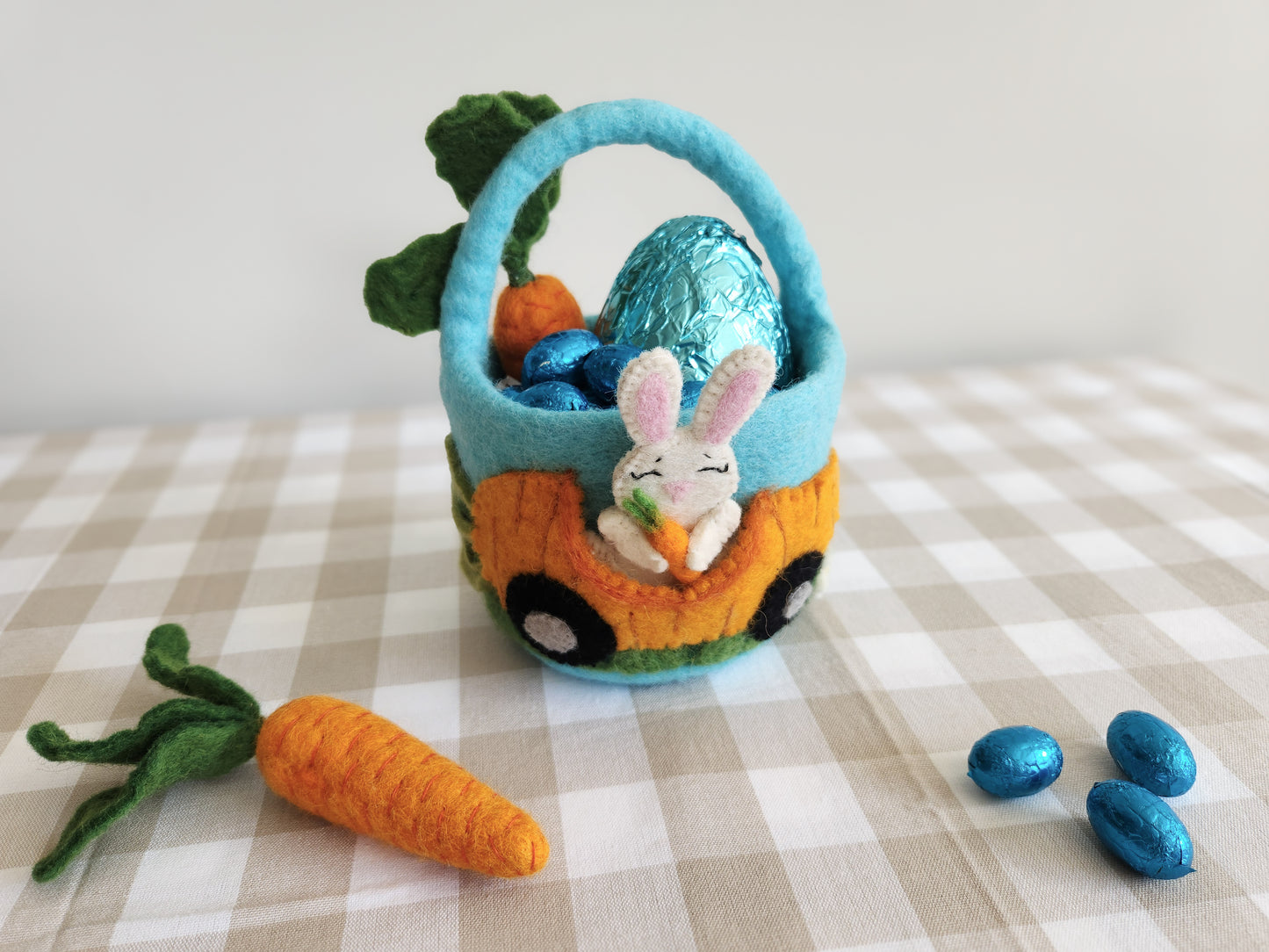 Felt Bunny Carrot Car Mini Easter Basket with easter eggs and felt carrot