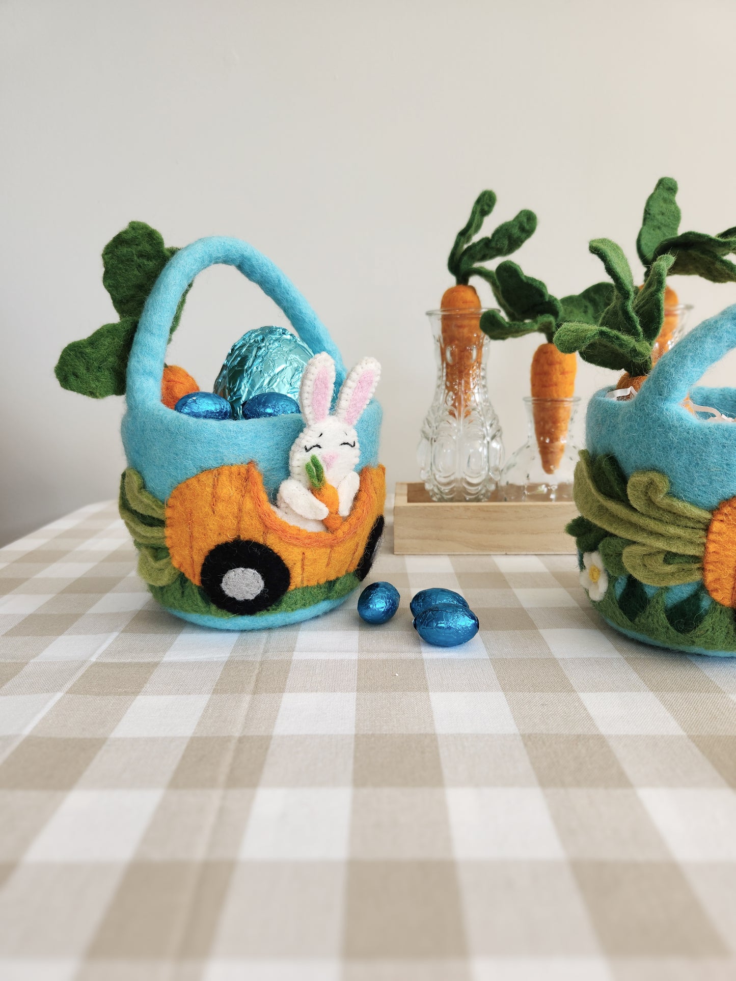 Felt Bunny Carrot Car Mini Easter Basket with felted carrots and easter eggs