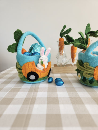 Felt Bunny Carrot Car Mini Easter Basket with felted carrots and easter eggs