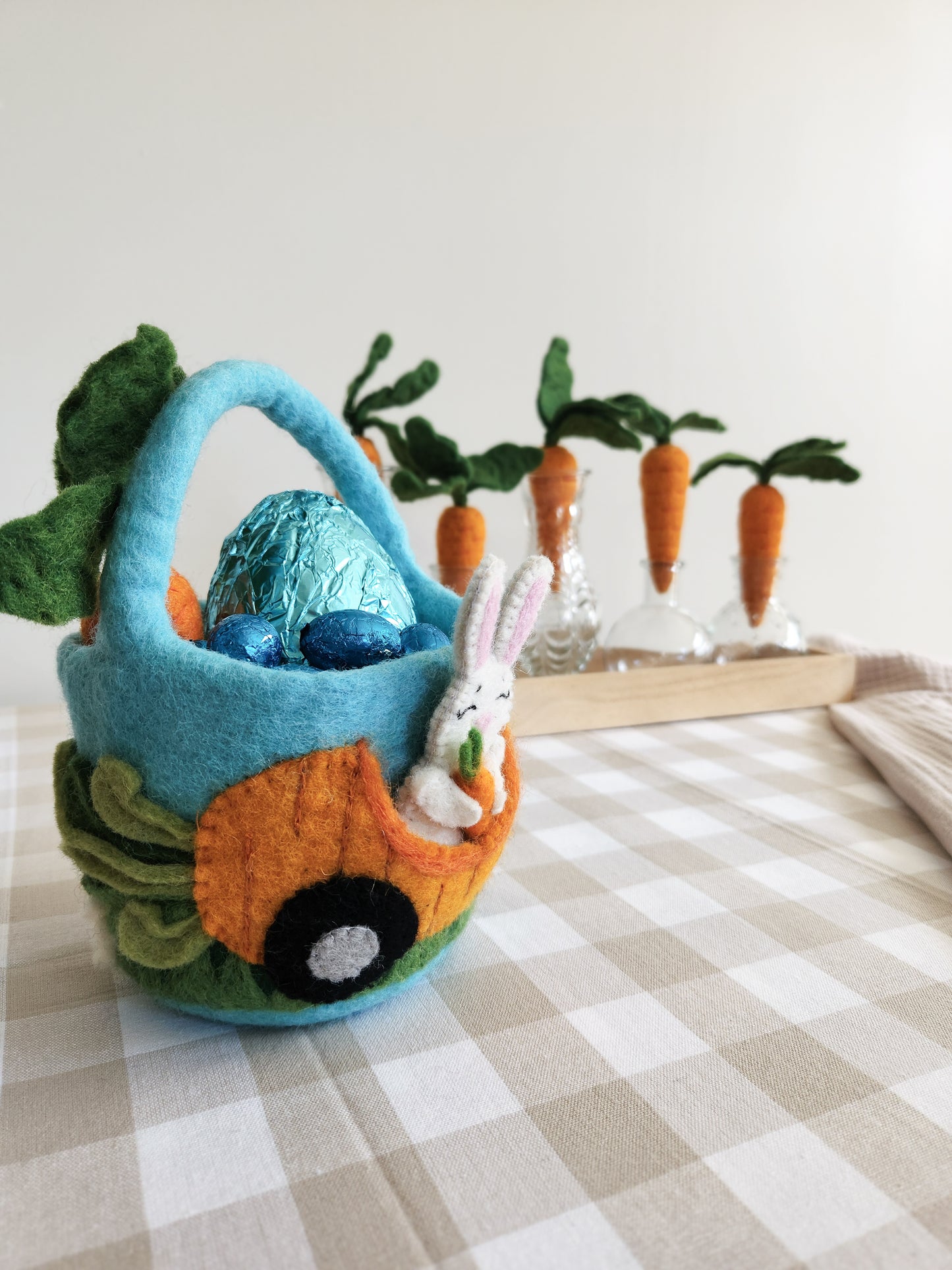 Felt Bunny Carrot Car Mini Easter Basket with felted carrot toys and easter eggs