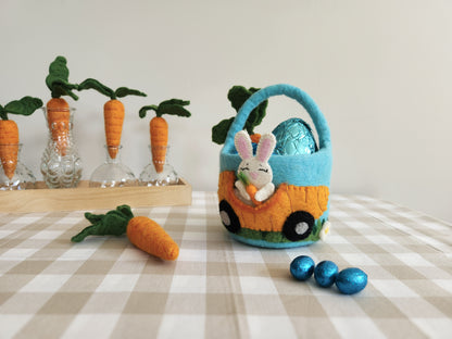 Felt Bunny Carrot Car Mini Easter Basket with felted carrots and easter eggs