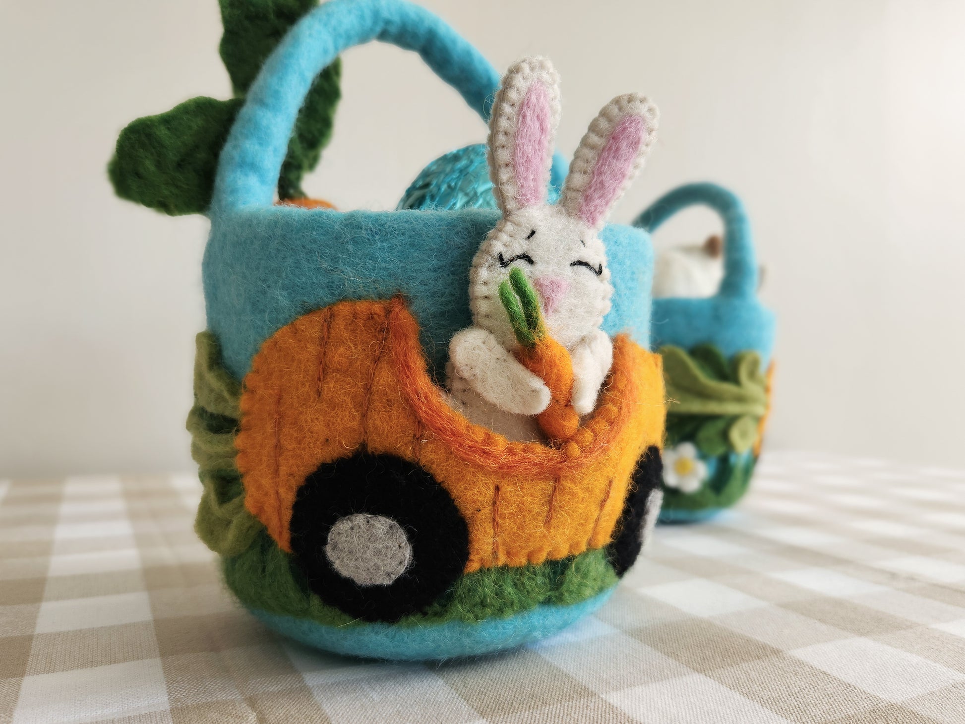Felt Bunny Carrot Car Mini Easter Basket close up of easter bunny puppet