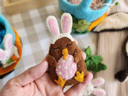 Felted Kiwi Finger Puppet with Bunny Ears and Easter Egg