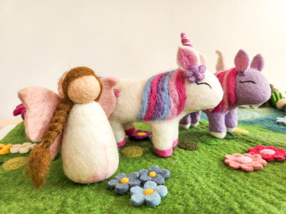 Felted Cherry Blossom Pink Fairy with Felt Unicorn and Pegasus