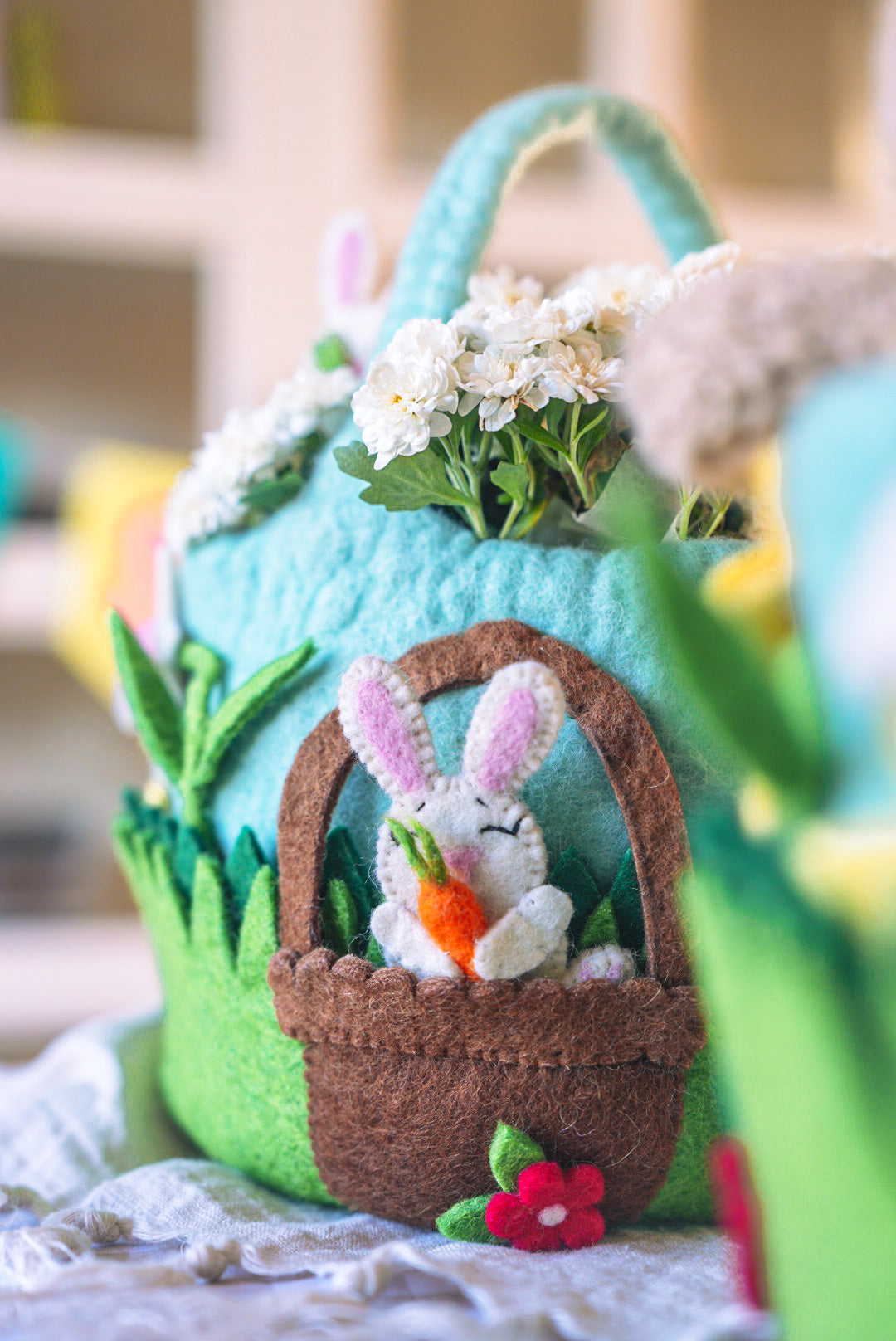 Soft Blue Felted Easter Basket with easter bunny finger puppet