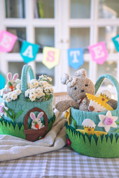 Felted Easter Baskets on easter themed table and backdrop