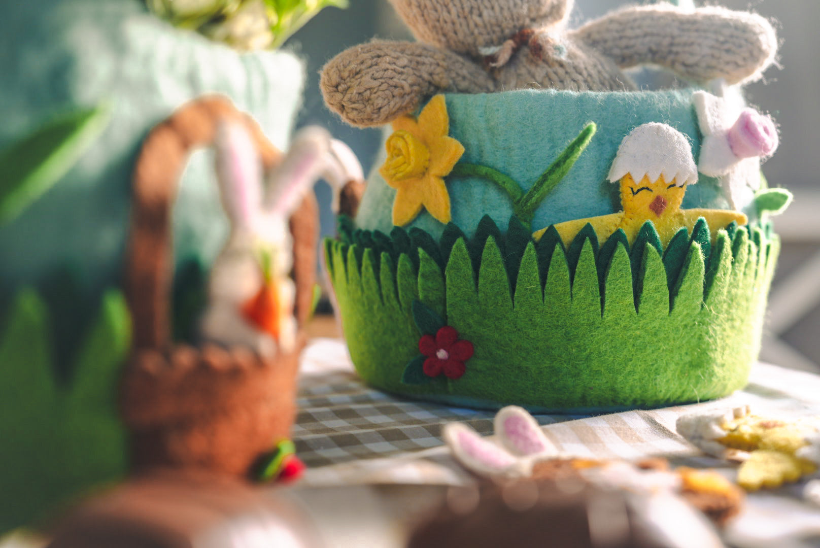 Felted Easter Baskets with close up of felt chick puppet