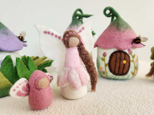 GUARDIAN ANGEL FAIRY DUSTY ROSE BABY FAIRY AND FAIRY VILLAGE  FELT FAIRY HOUSE SET UP