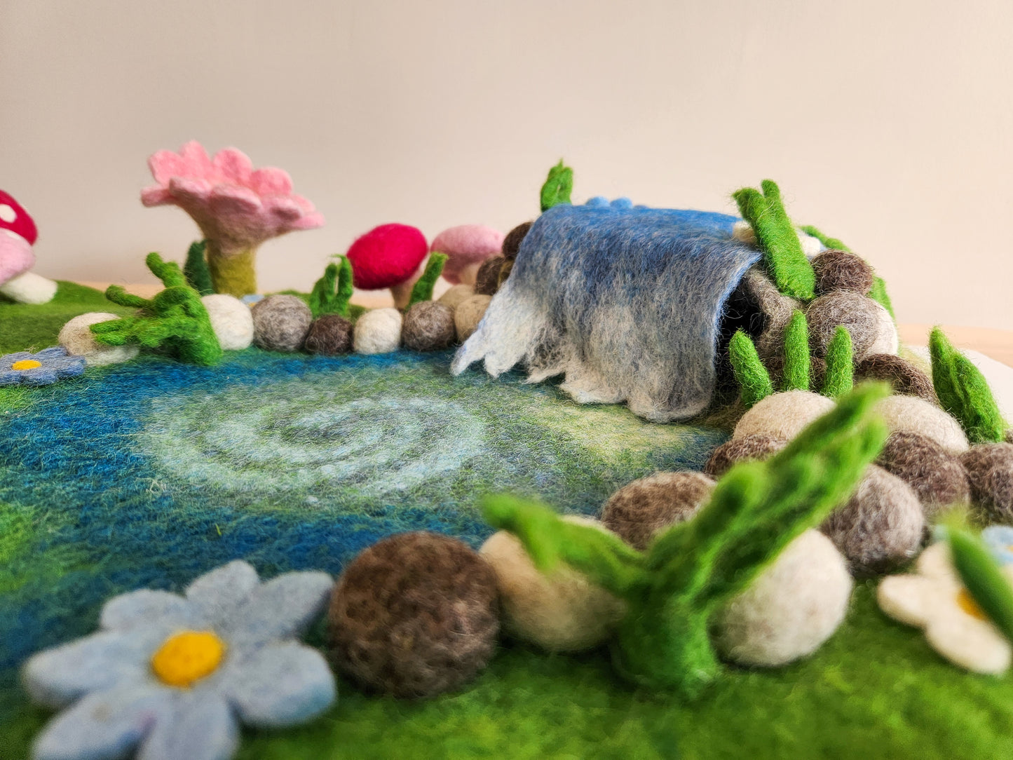 Fairy Garden and Waterfall Small World Play Mat - close up view of waterfall and rock pool