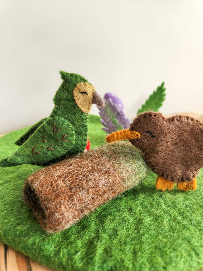 NATIVE NZ BIRDS FELT FINGER PUPPETS - KAKAPO AND KIWI