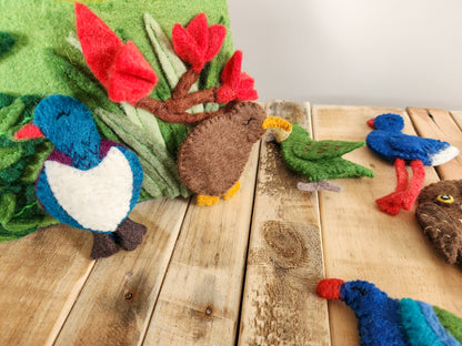 NATIVE NZ BIRDS FELT FINGER PUPPETS - NATIVE BUSH BAG AND PUPPET SET