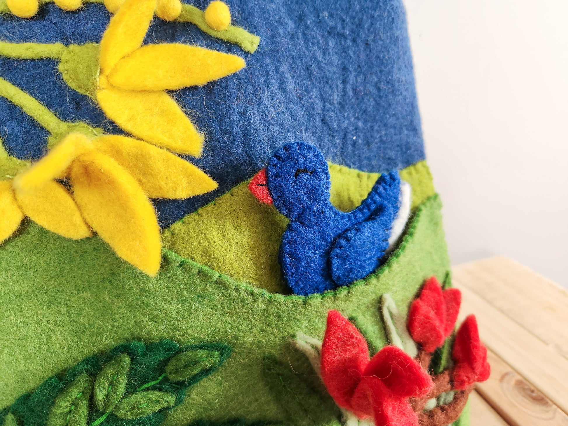 NATIVE NZ BIRDS FELT FINGER PUPPET SET KOWHAI AND FERN NATIVE BUSH BAG WITH PUKEKO CLOSE UP