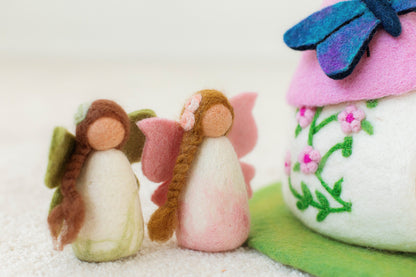 Felt fairy house and pink and green fairy