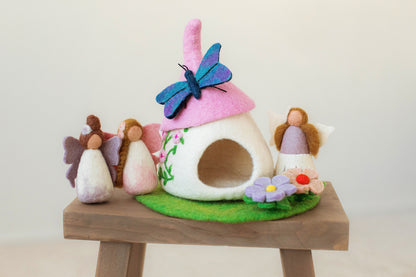 Felt Fairy House - White mushroom with pink cap. Blue butterfly and floral detail. Front view with fairies.