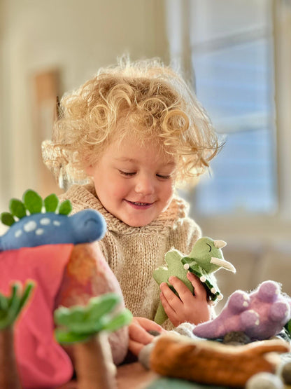 PREHISTORIC WORLD FELT PLAY MAT PLAYSCAPE DINOSAURS - YOUNG BOY PLAYING WITH DINO
