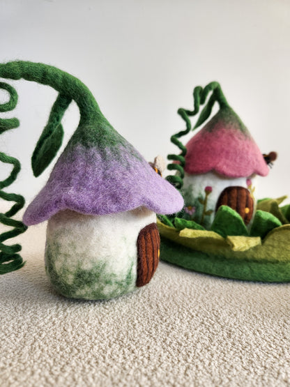 PURPLE BELLFLOWER BUNGALOW FELTED FAIRY HOUSE MEDIUM BELLFLOWER HOUSE AND FELTED GRASSY MAT