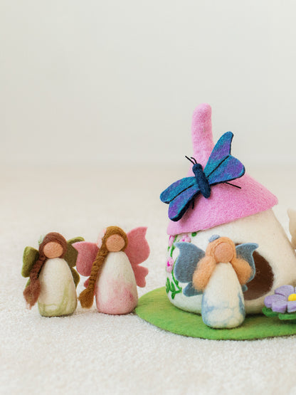 SPRING RAINBOW FAIRIES - FELT FAIRIES AND PINK AND WHITE FELT FAIRY HOUSE