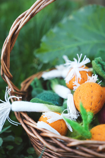 WHOLESOME HARVEST PLAY FELT GARDEN TOY SET GARDEN VEGETABLES IN BASKET
