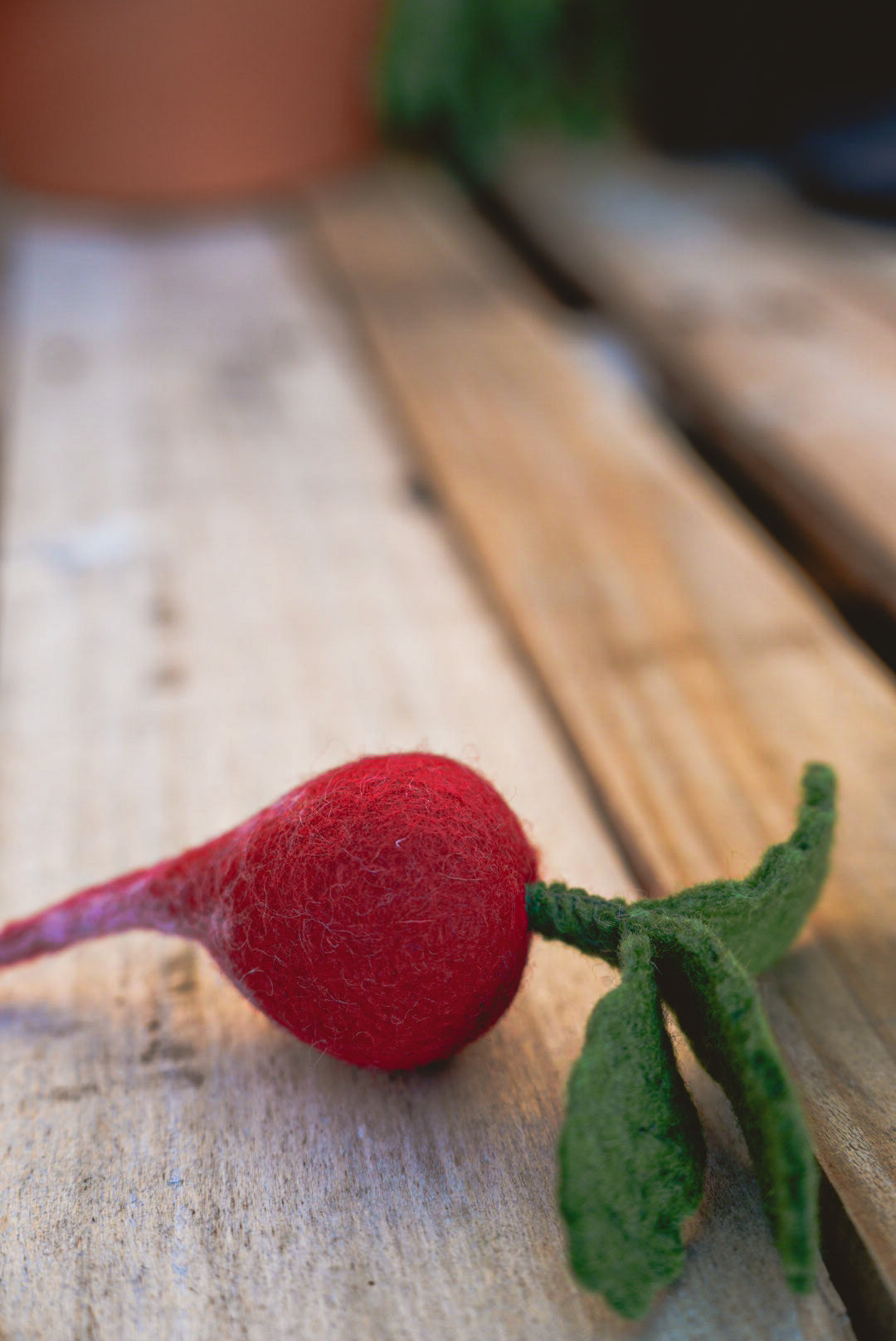 Felted Beetroot play toy on outdoor bench