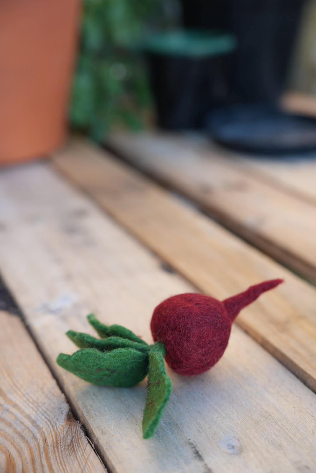 Felted Beetroot play toy on garden bench