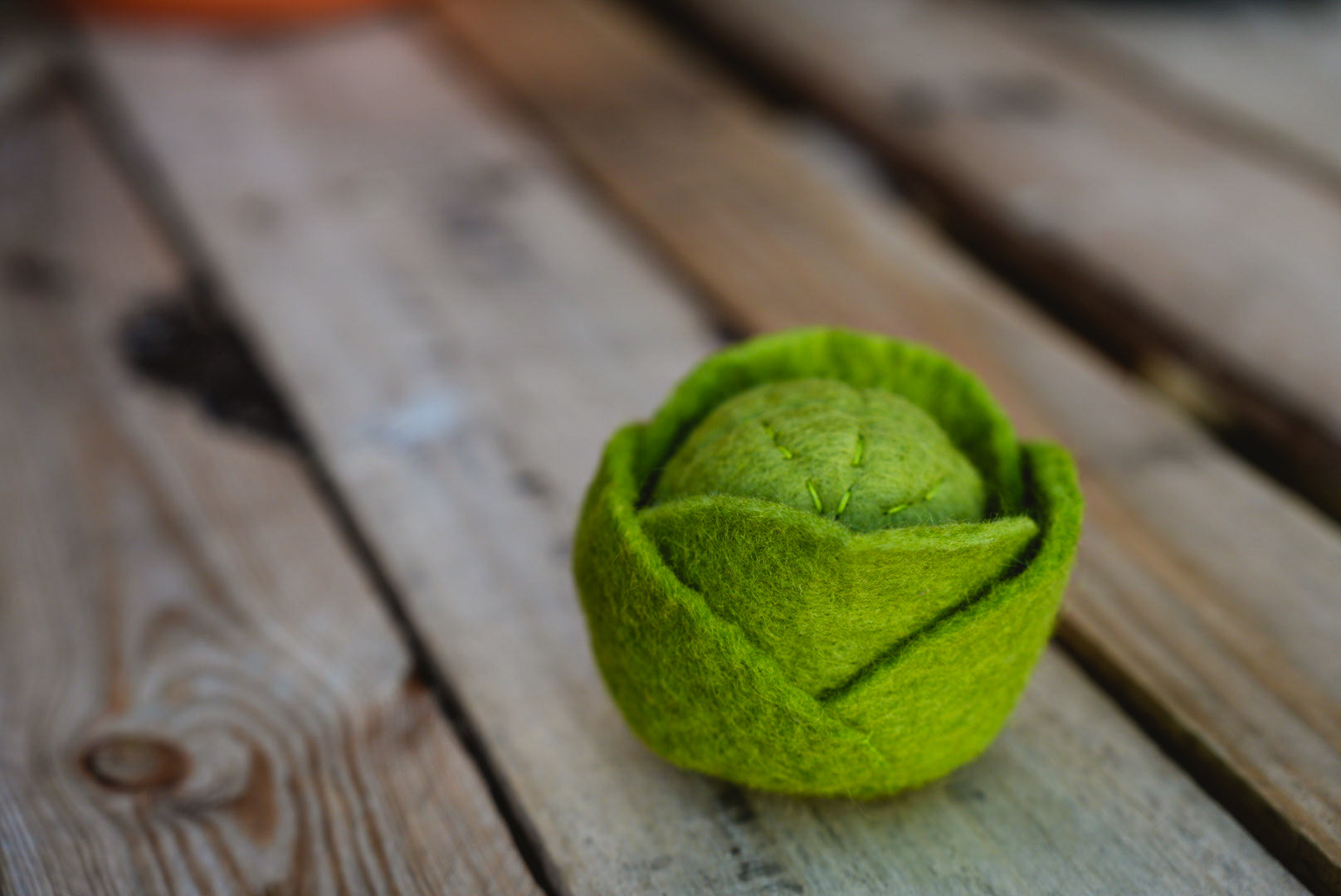 Felt cabbage play toy on wood bench