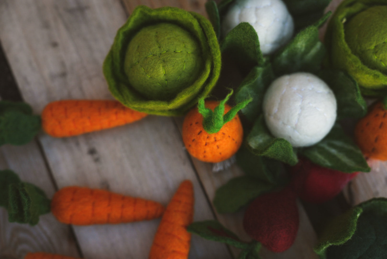 Felted Vegetables outdoors on wooden bench