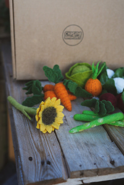 Felt vegetable play toys on wooden bench